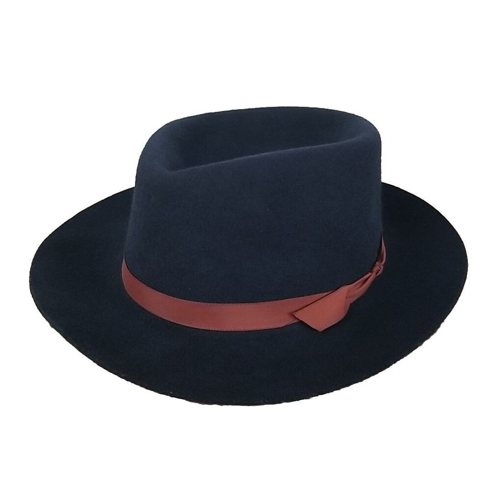 Vtg L.L. Bean Wool Felt Telescope Fedora Hat Small Navy Gambler Made In USA
